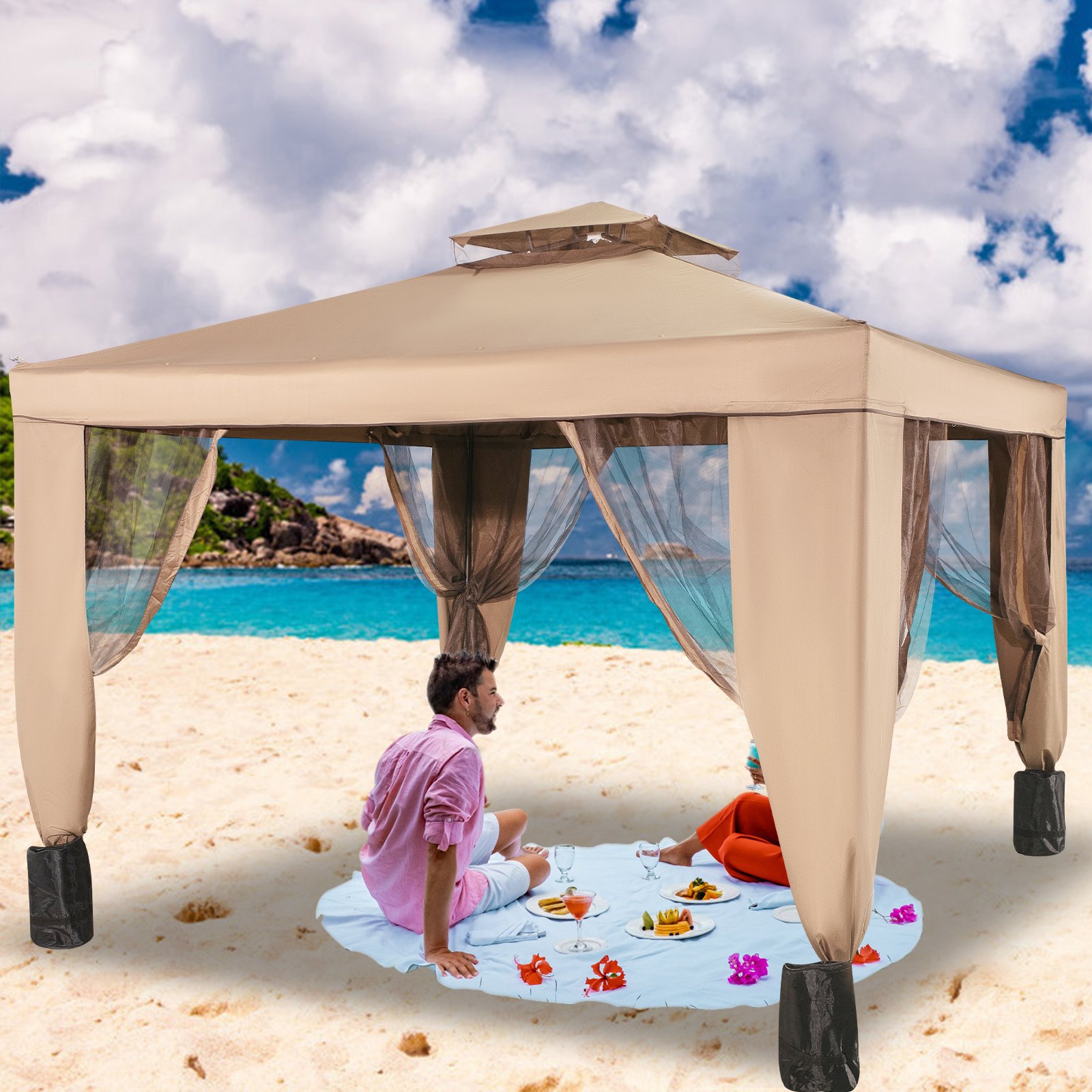 Tienda de campaña para exteriores VEVOR en una playa soleada, dos personas disfrutando de un picnic en el interior.