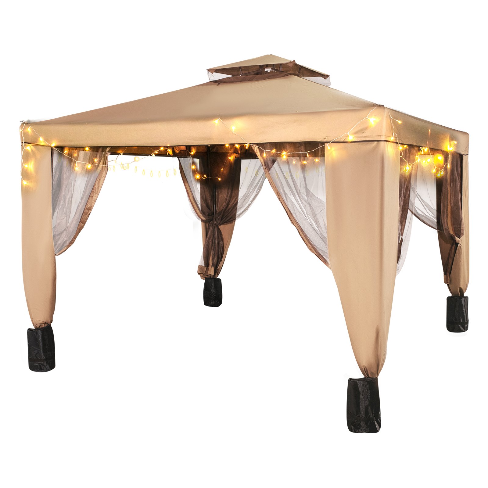 Tienda de campaña para exterior VEVOR de color marrón con mosquitera y luces de cadena en las patas.