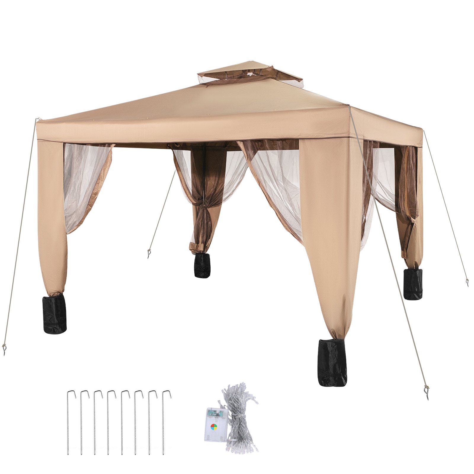Tienda de campaña para exterior VEVOR con cubierta beige y laterales de malla, incluye estacas y cuerdas.
