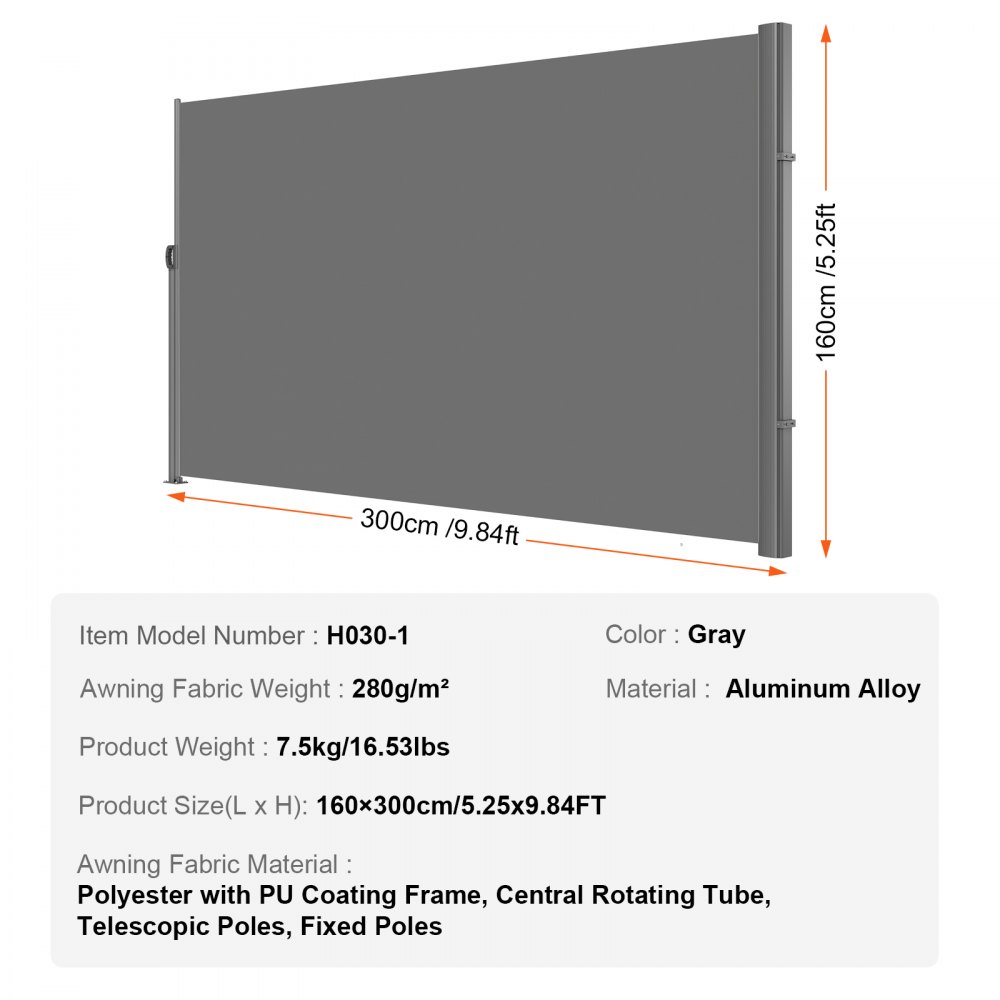 Toldo lateral retráctil VEVOR, 160 x 300 cm, mosquitera de aluminio para exteriores, mosquitera retráctil de poliéster de 280 g, impermeable, con protección UV 30+, para patio, jardín y balcón, color gris