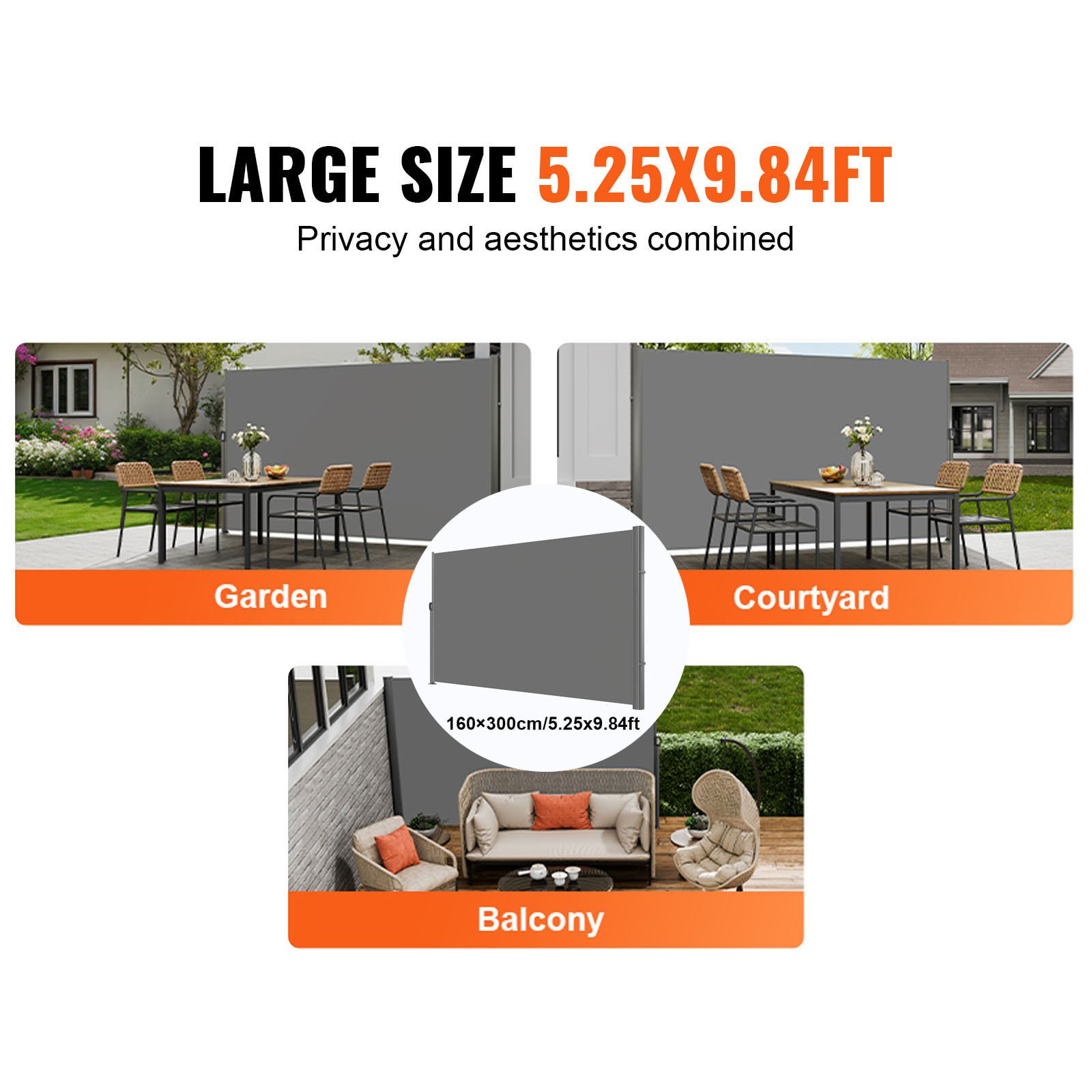 Toldo lateral retráctil VEVOR, 160 x 300 cm, mosquitera de aluminio para exteriores, mosquitera retráctil de poliéster de 280 g, impermeable, con protección UV 30+, para patio, jardín y balcón, color gris