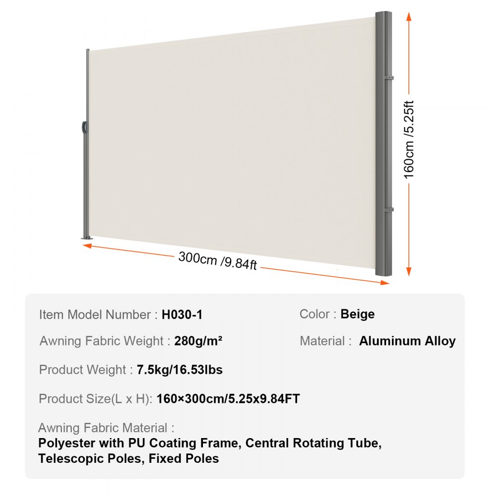 Toldo retráctil VEVOR, beige, 300x160cm, estructura de aleación de aluminio.