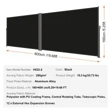 Toldo lateral retráctil VEVOR de 236 x 63 pulgadas, pantalla de patio retráctil doble impermeable, separador de habitación retráctil negro para privacidad, jardín, exterior, patio y terraza