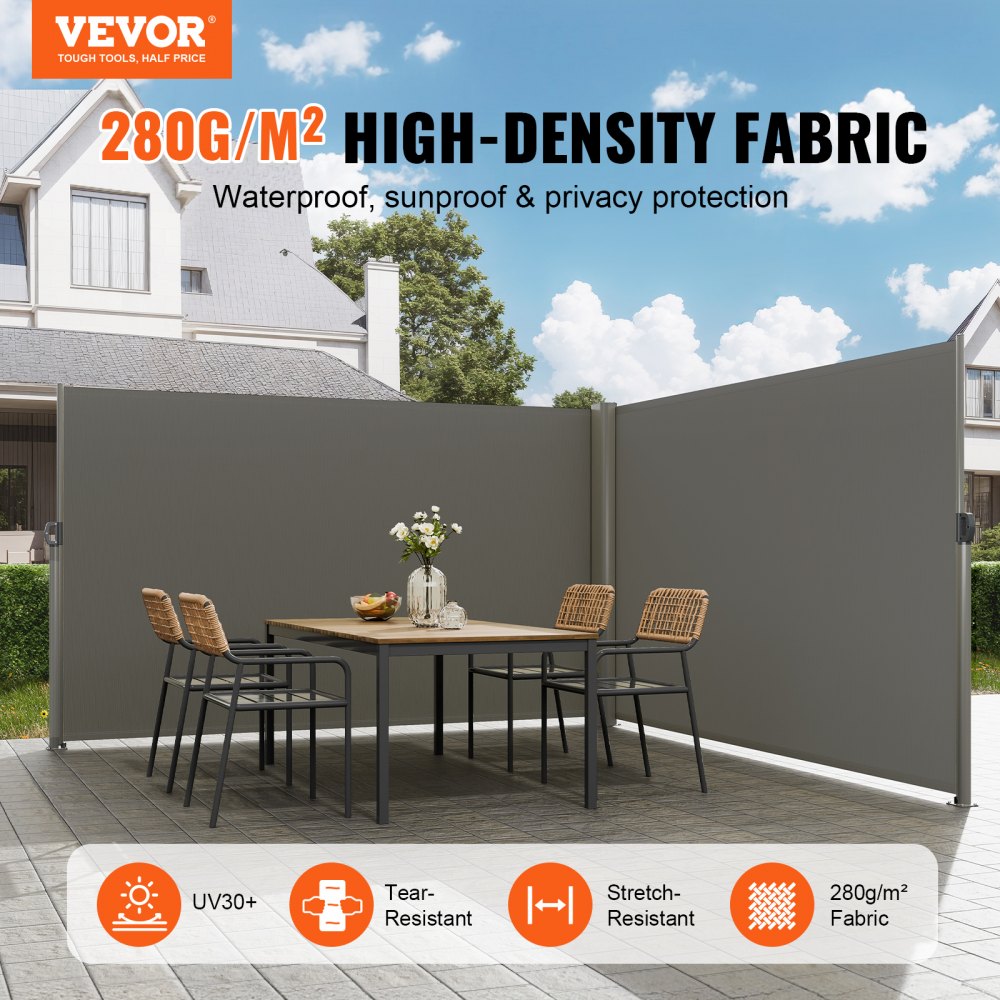 Toldo lateral retráctil VEVOR que proporciona privacidad y sombra para el conjunto de muebles de exterior.