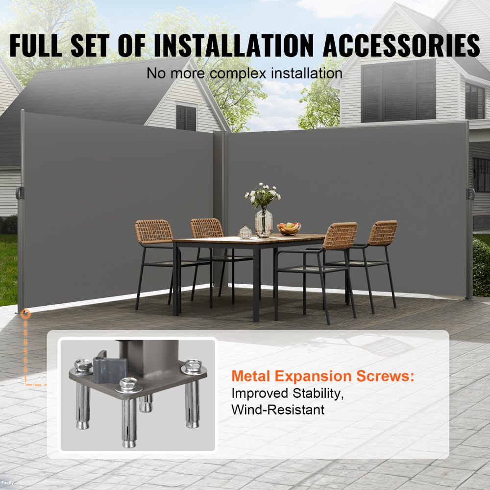 Toldo lateral retráctil VEVOR con accesorios de instalación, tornillos metálicos, configuración para patio.