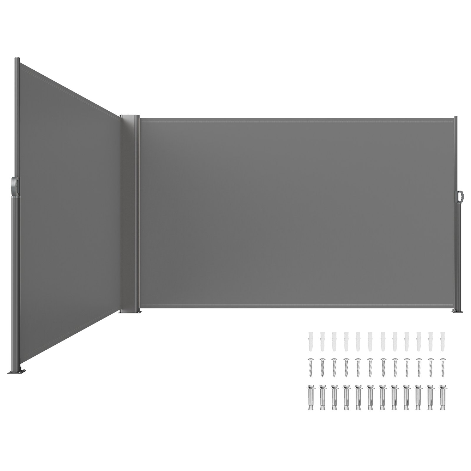 Toldo lateral retráctil VEVOR, paneles grises con herrajes de montaje mostrados.
