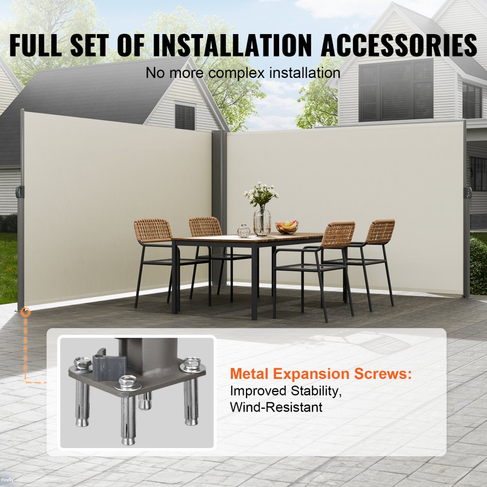 Configuración de toldo retráctil VEVOR con área de comedor al aire libre y tornillos de expansión de metal.