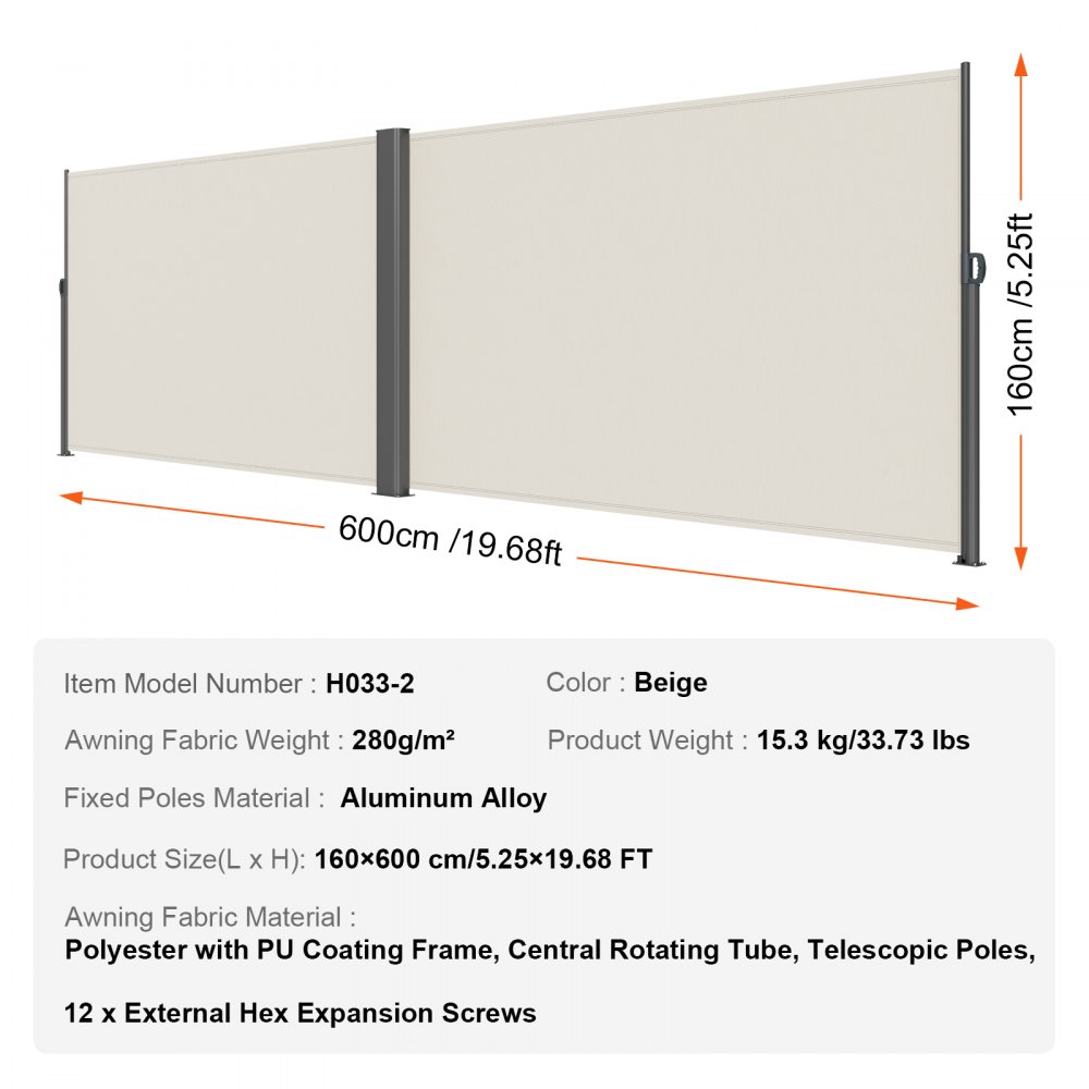 Toldo retráctil VEVOR en color beige, ancho 600cm, postes de aleación de aluminio, tejido de poliéster.