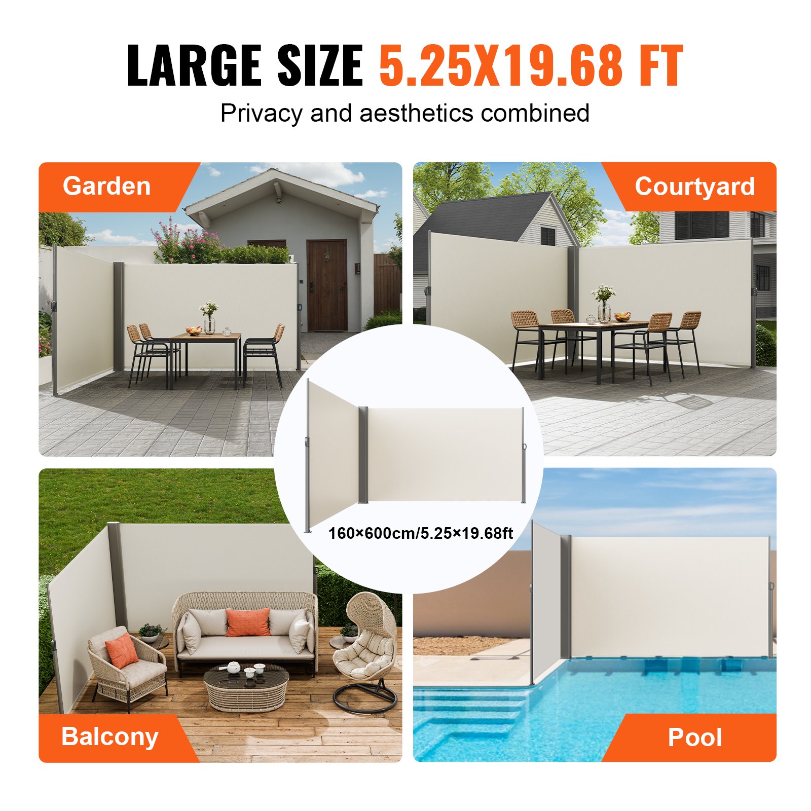 Gran toldo retráctil VEVOR utilizado en jardines, patios, balcones y zonas de piscina.