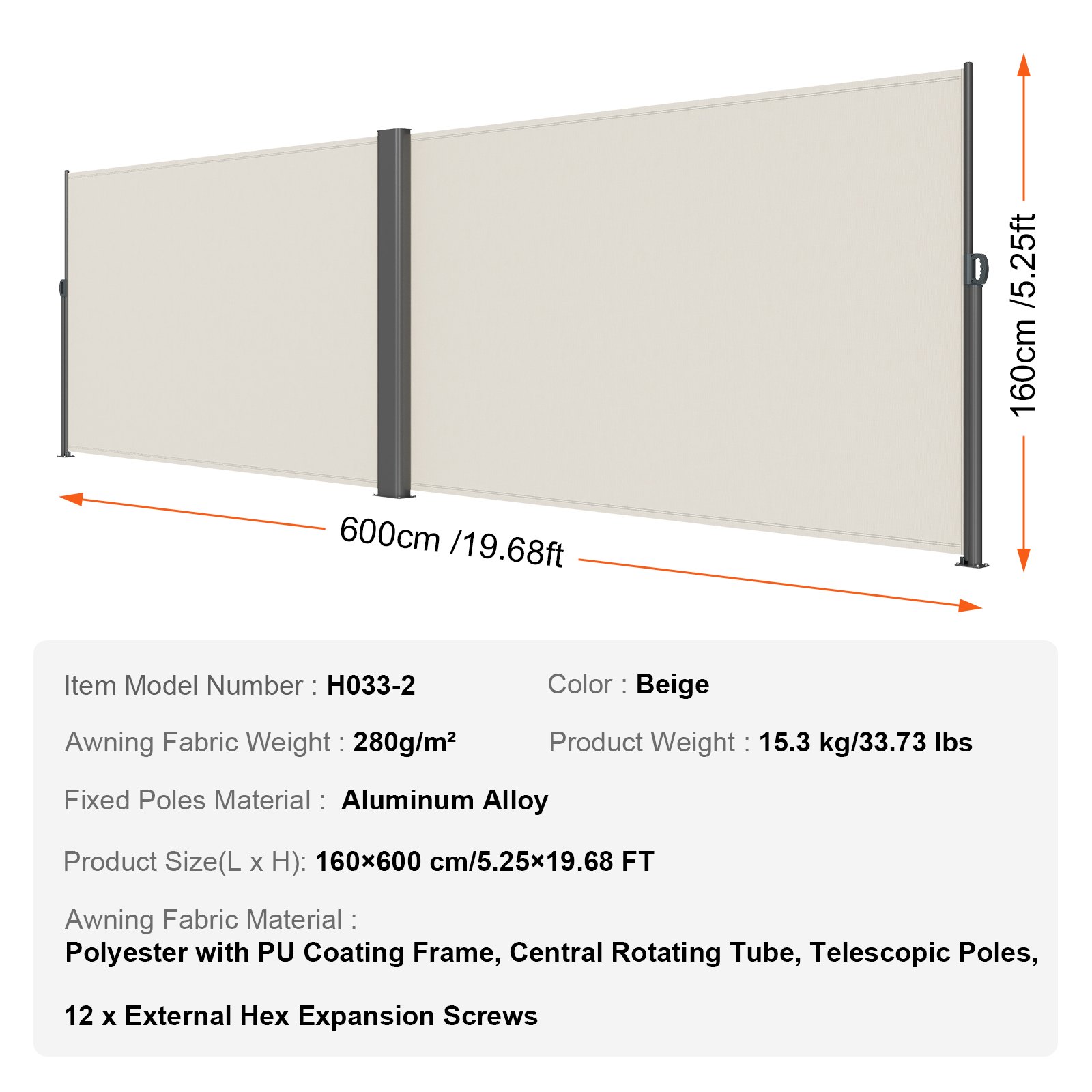 Toldo retráctil VEVOR en color beige, ancho 600cm, postes de aleación de aluminio, tejido de poliéster.