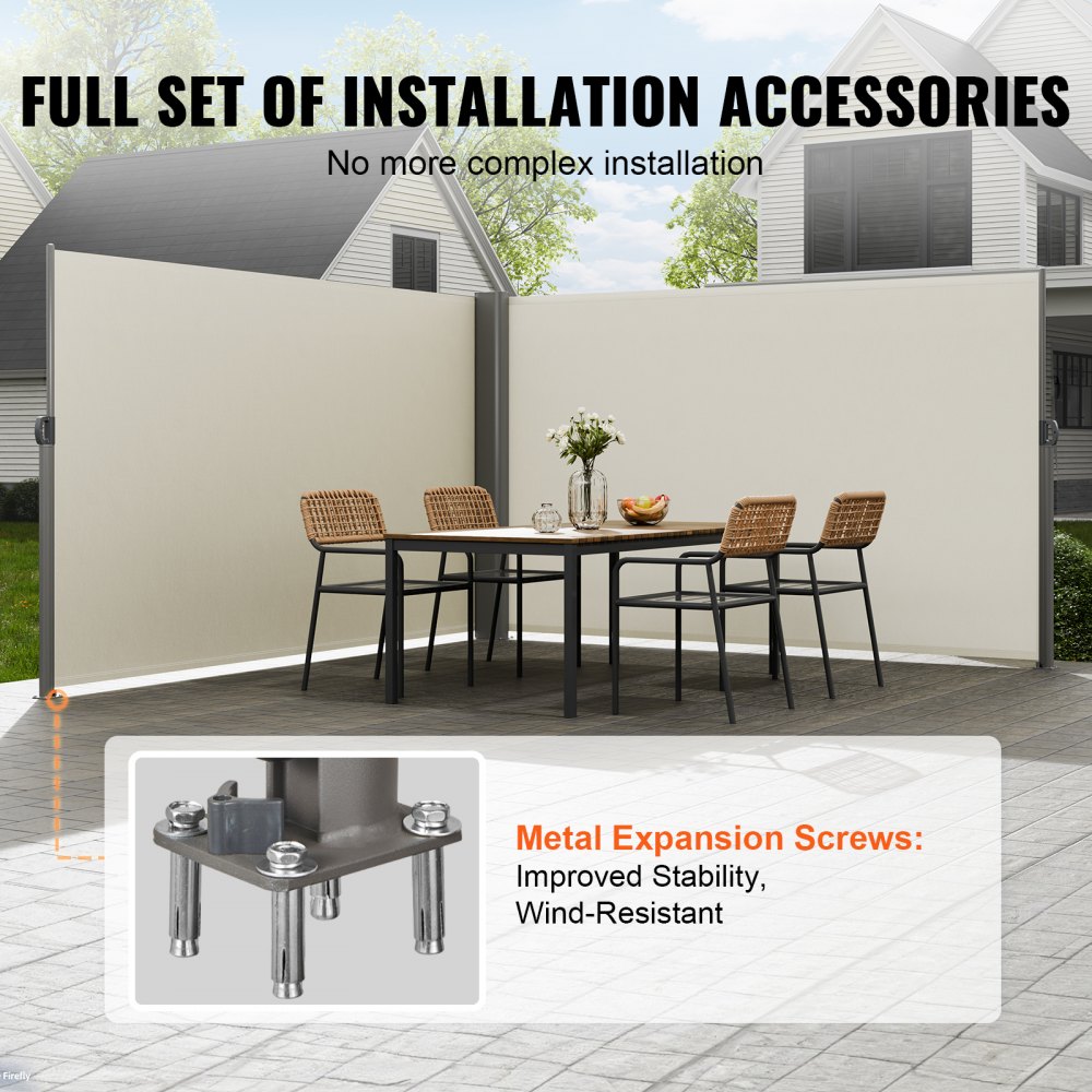 Toldo lateral VEVOR: conjunto completo de accesorios de instalación para un comedor en el patio.