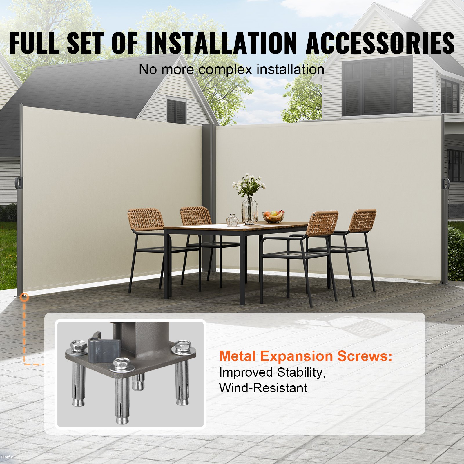 Toldo lateral VEVOR: conjunto completo de accesorios de instalación para un comedor en el patio.