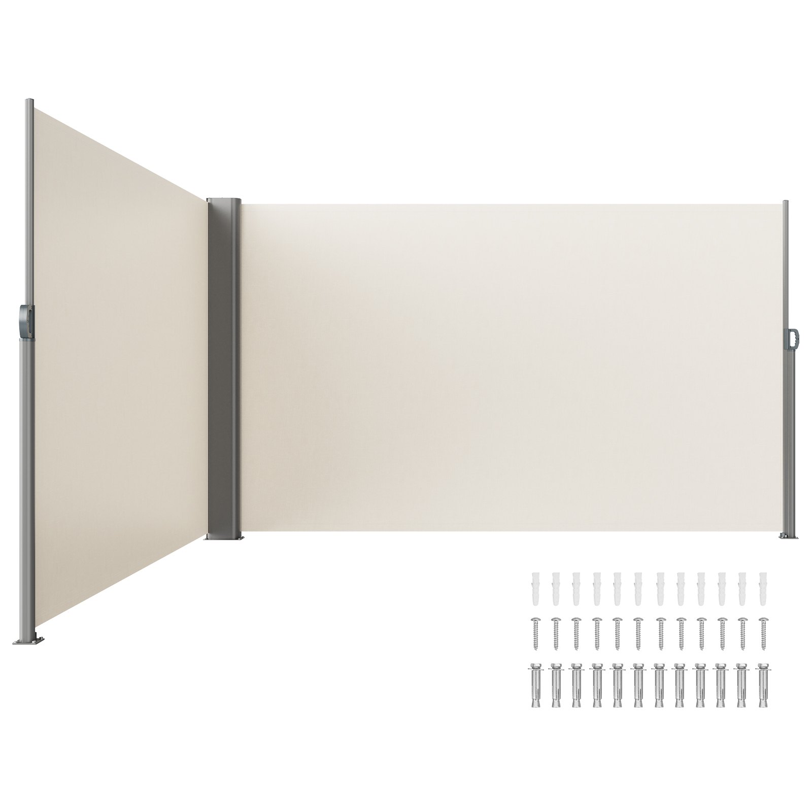 Toldo lateral VEVOR con kit de herrajes de instalación y pantalla retráctil beige.