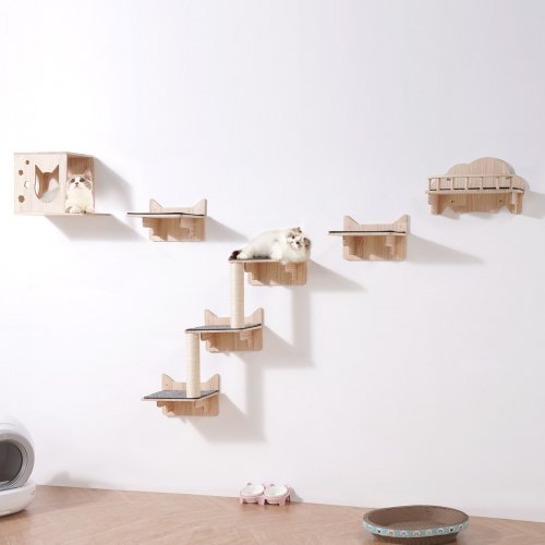 Estantes de pared para gatos VEVOR, estantes de pared para gatos y perchas con tablas para saltar, nido, barrera y árbol para gatos, muebles flotantes para gatos de hasta 40 libras para dormir, jugar y trepar, juego de 5