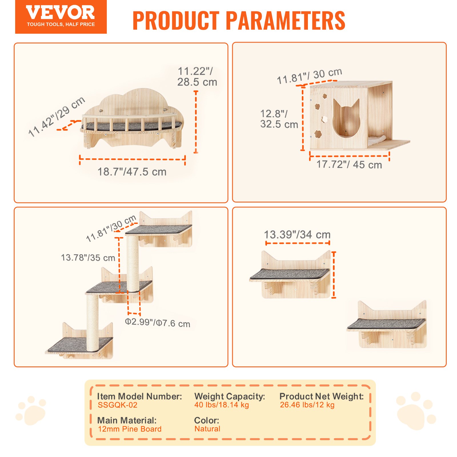 Estantes de pared para gatos VEVOR, estantes de pared para gatos y perchas con tablas para saltar, nido, barrera y árbol para gatos, muebles flotantes para gatos de hasta 40 libras para dormir, jugar y trepar, juego de 5