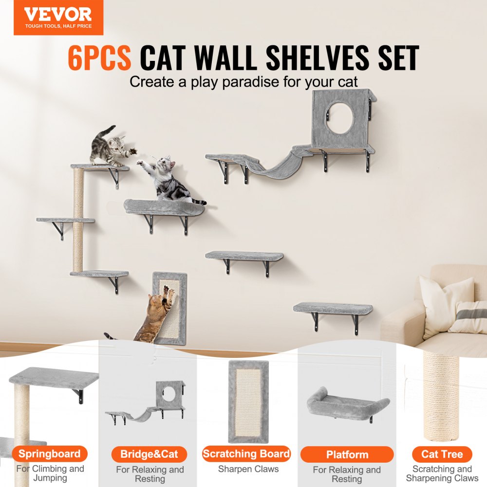 Estantes de pared para gatos VEVOR, estantes y perchas de pared para gatos con trampolines, hamaca, sofá, árbol y agarre para gatos, muebles y estantes para gatos de hasta 18 kg para dormir, jugar y trepar, juego de 6