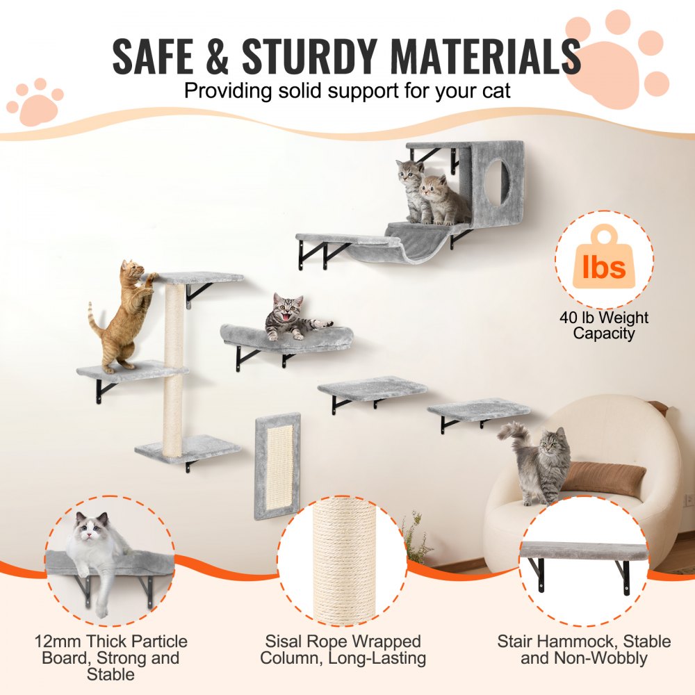 Estantes de pared para gatos VEVOR, estantes y perchas de pared para gatos con trampolines, hamaca, sofá, árbol y agarre para gatos, muebles y estantes para gatos de hasta 18 kg para dormir, jugar y trepar, juego de 6