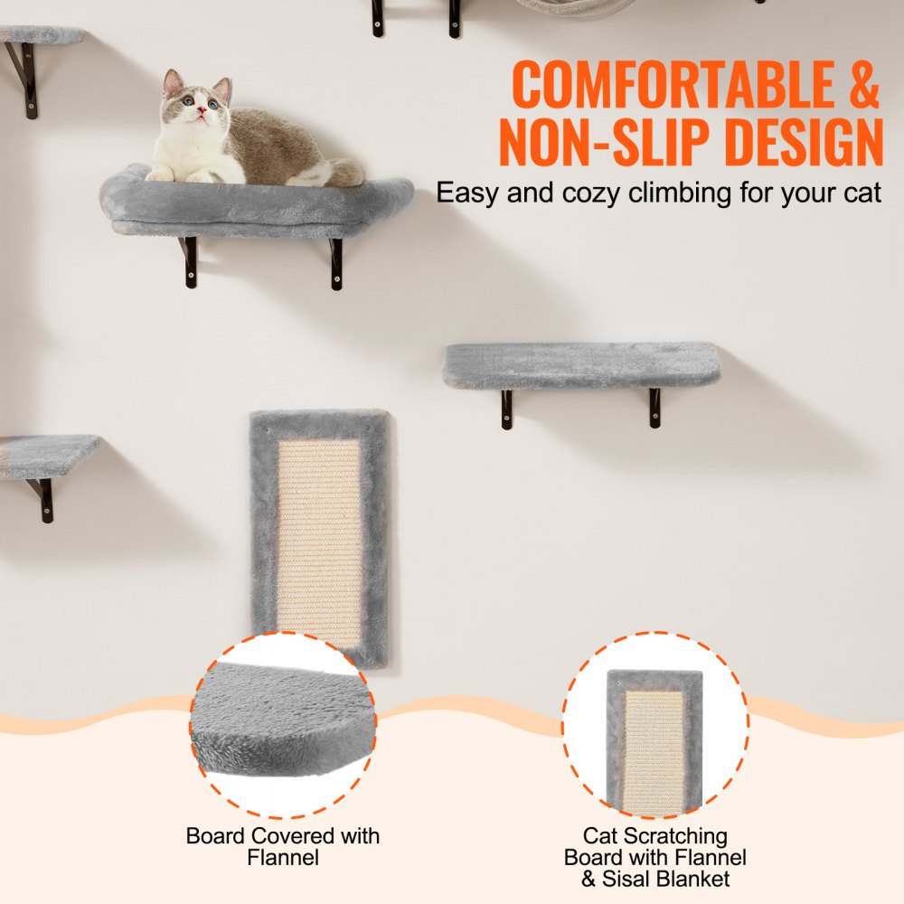 Estantes de pared para gatos VEVOR, estantes y perchas de pared para gatos con trampolines, hamaca, sofá, árbol y agarre para gatos, muebles y estantes para gatos de hasta 18 kg para dormir, jugar y trepar, juego de 6