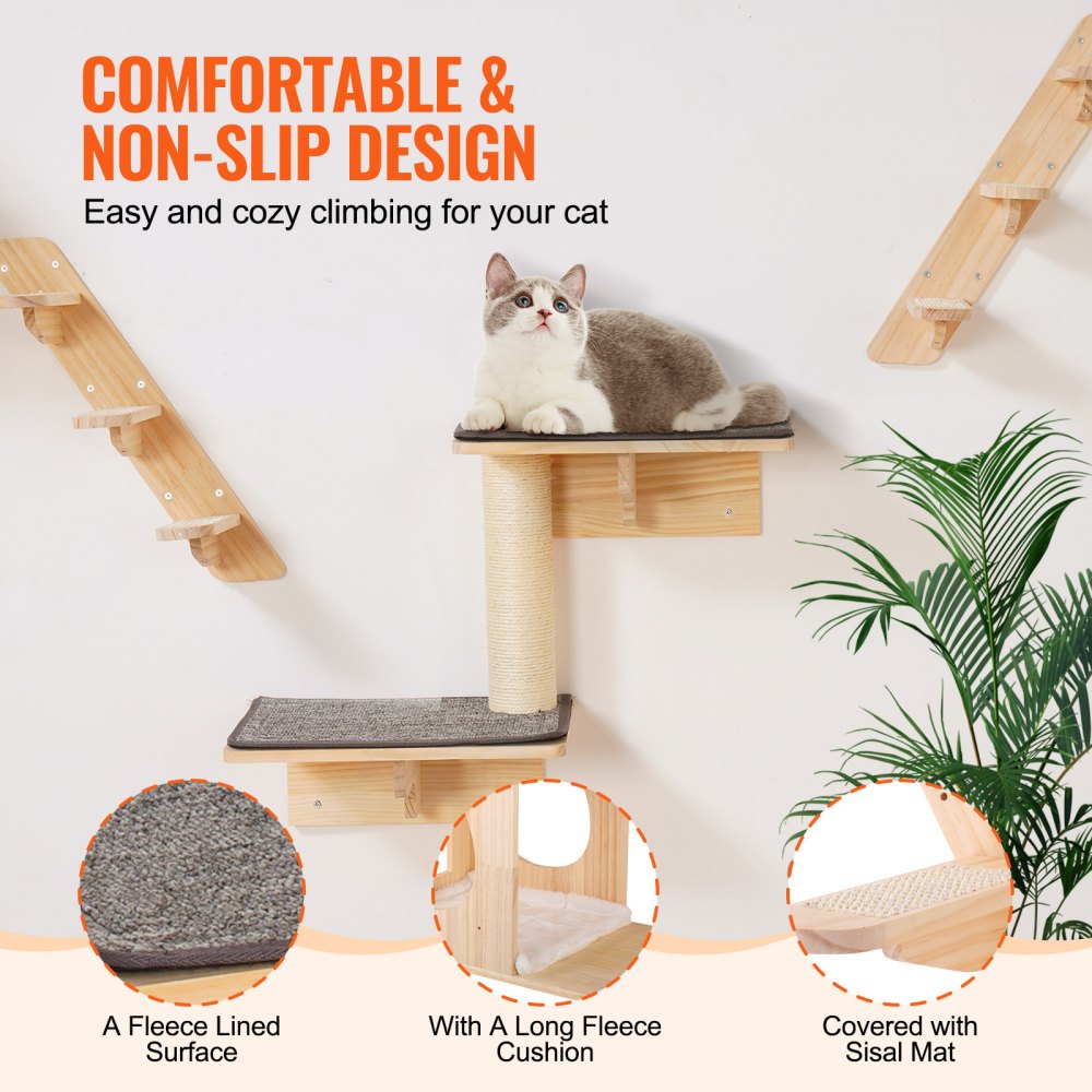 Estantes de pared para gatos VEVOR, estantes y perchas de pared con trampolines, camas, hamacas y árbol para gatos, muebles y estantes para gatos de hasta 18 kg para dormir, jugar y trepar (juego de 7)