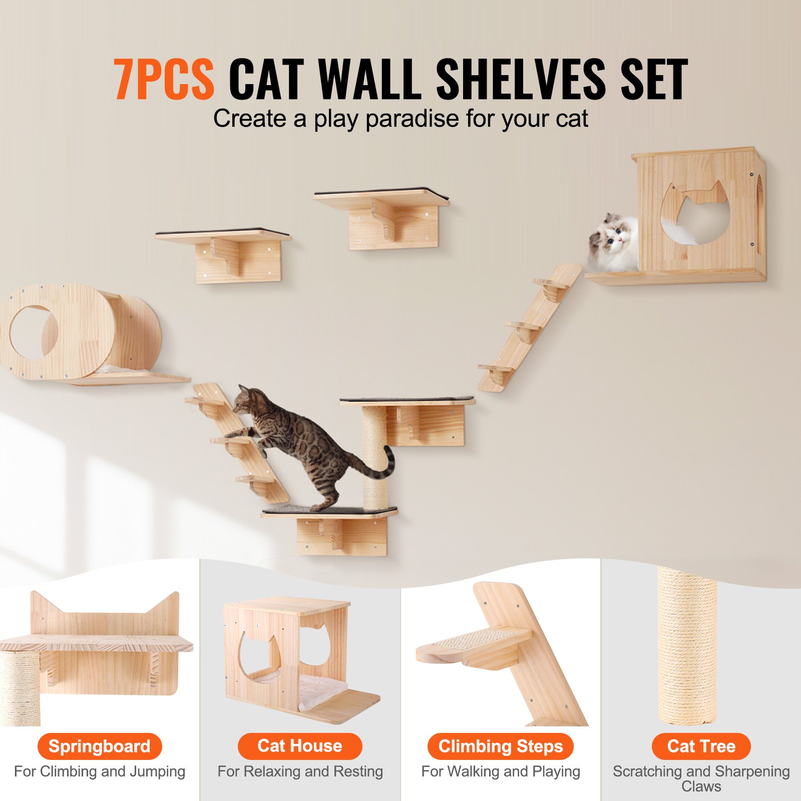 Estantes de pared para gatos VEVOR, estantes y perchas de pared con trampolines, camas, hamacas y árbol para gatos, muebles y estantes para gatos de hasta 18 kg para dormir, jugar y trepar (juego de 7)