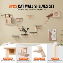 Estantes para gatos montados en la pared VEVOR, árbol con tablas para saltar, nidos y hamacas, juego de 9