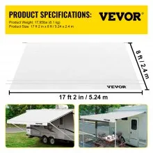 Reemplazo de tela de toldo VEVOR RV, parasol impermeable de vinilo de 18 pies, 15 onzas, tela de repuesto para toldo exterior RV para toldos de caravana, remolque y casa rodante, tamaño de la tela: 17'2" blanco