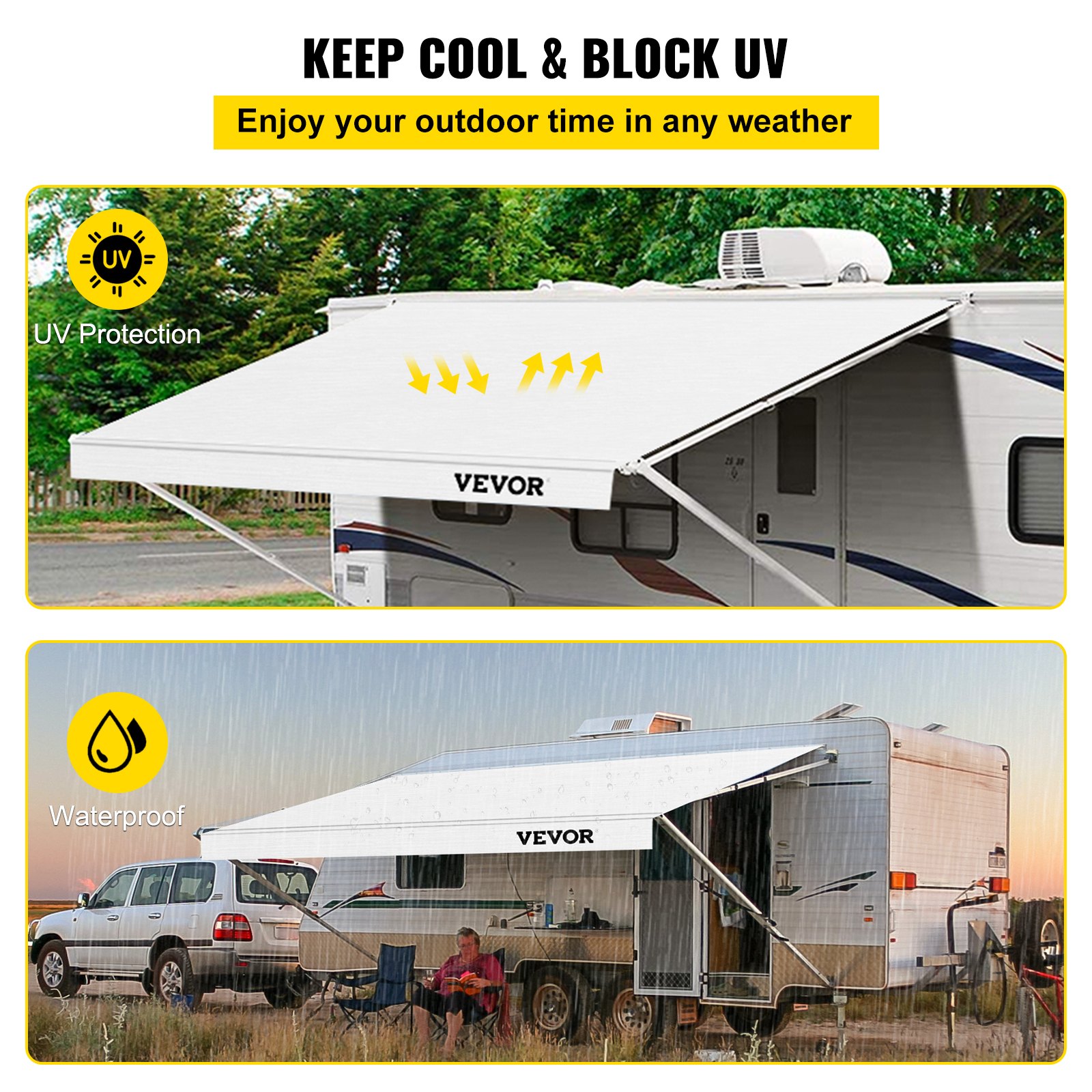 Reemplazo de tela de toldo VEVOR RV, parasol impermeable de vinilo de 18 pies, 15 onzas, tela de repuesto para toldo exterior RV para toldos de caravana, remolque y casa rodante, tamaño de la tela: 17'2" blanco
