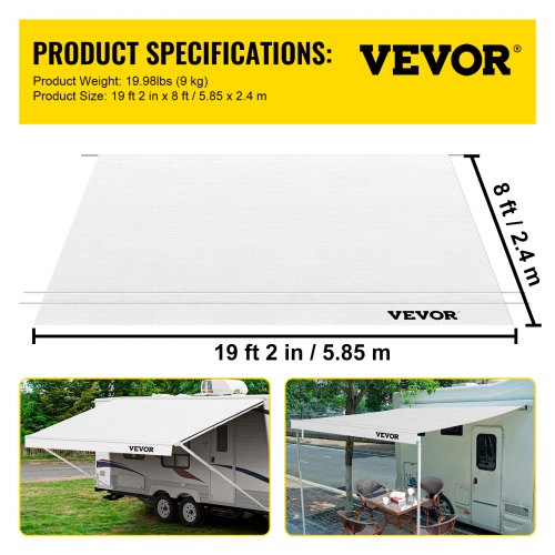 Toldo VEVOR RV, tela de repuesto para toldo de 20 pies, vinilo impermeable de grado premium, tela de repuesto universal para toldo de exterior RV para toldos de caravana, remolque y autocaravana, tamaño de tela 19'2" blanco