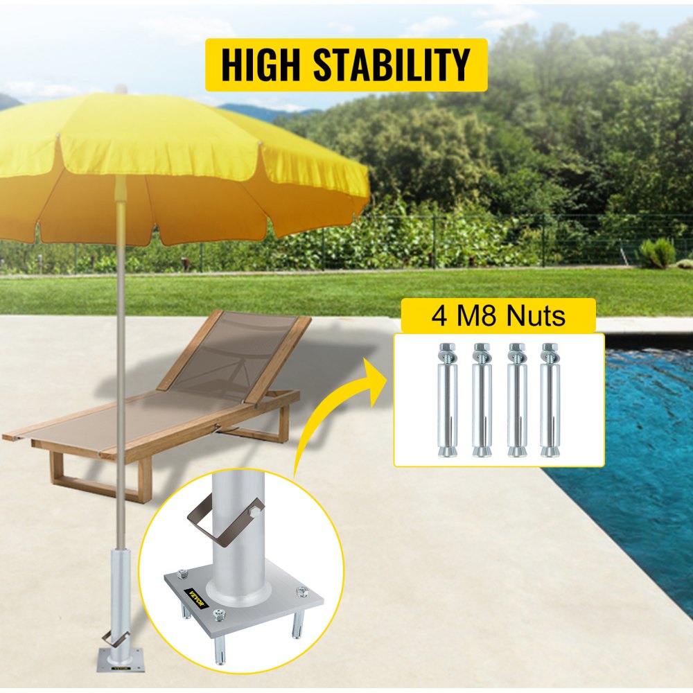 Base de sombrilla VEVOR de poolside con sombrilla amarilla, 4 tuercas m8 para estabilidad.