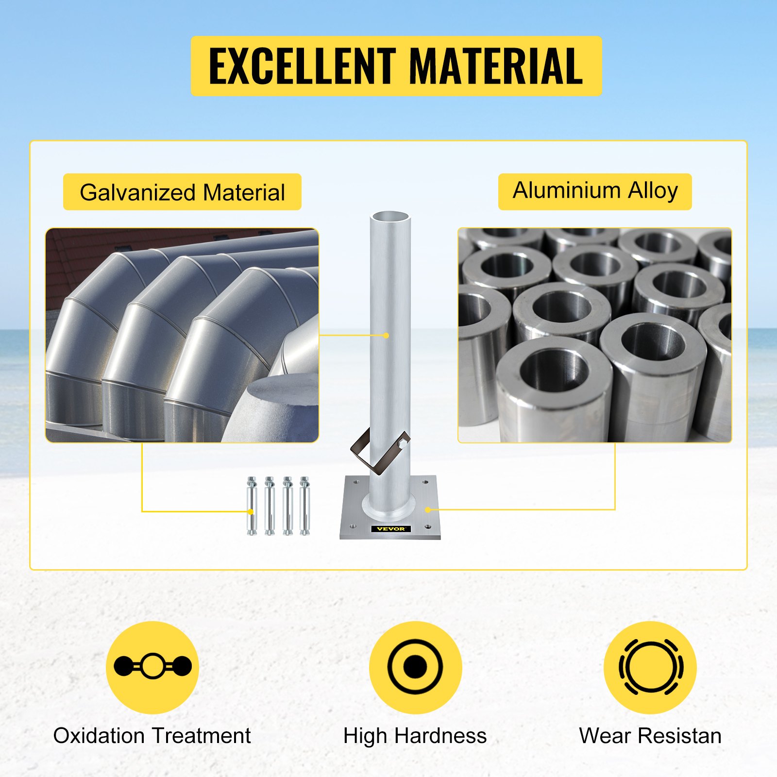 Base de sombrilla VEVOR con material galvanizado y aleación de aluminio que muestra durabilidad.