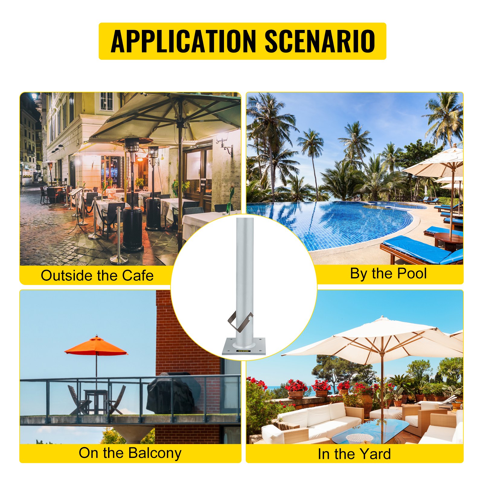 Base de sombrilla VEVOR: uso versátil en exteriores, cafeterías, piscinas, balcones y patios.