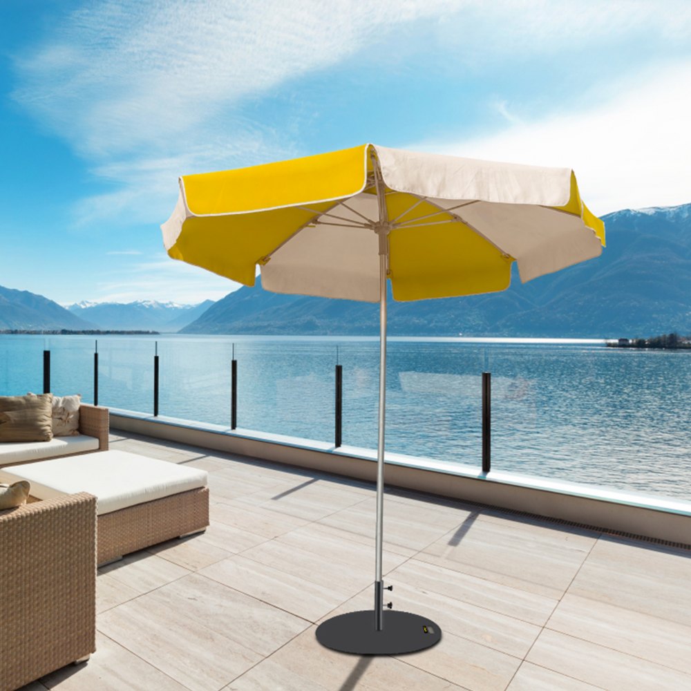 Base de sombrilla VEVOR, redonda de 68 cm, con capacidad de 17 kg, de hierro fundido para mástil de 3,8 a 5,7 cm. Base de sombrilla de mercado con tubo de 35,5 cm de altura para patio, jardín o terraza.