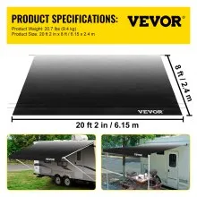 Toldo VEVOR RV de 21 pies, tela de repuesto para toldo de 20 pies y 2 pulgadas, repuesto de toldo para caravana de color carbón, material de vinilo de 15 onzas, parasol y tela de repuesto impermeable para toldo de caravana