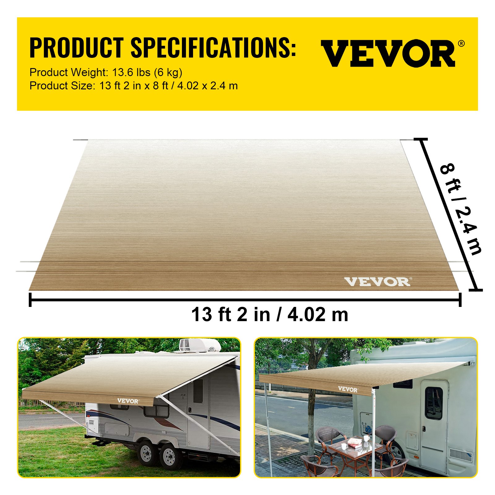 Toldo VEVOR RV de 14 pies, tela de repuesto para toldo de 13 pies 2 pulgadas, repuesto de toldo para caravana marrón desteñido, toldo de repuesto de material de vinilo de 15 onzas, parasol y tela de repuesto impermeable para toldo de caravana