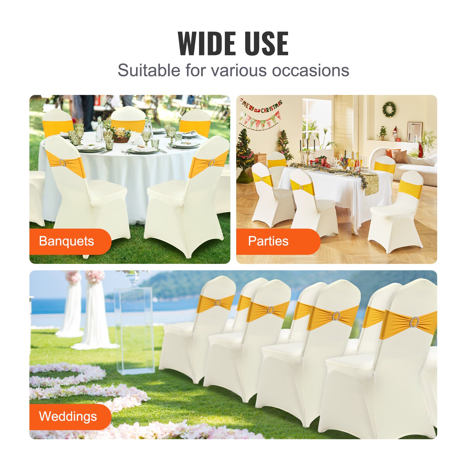 Fundas de sillas VEVOR para banquetes, fiestas, bodas con fajas decorativas amarillas.