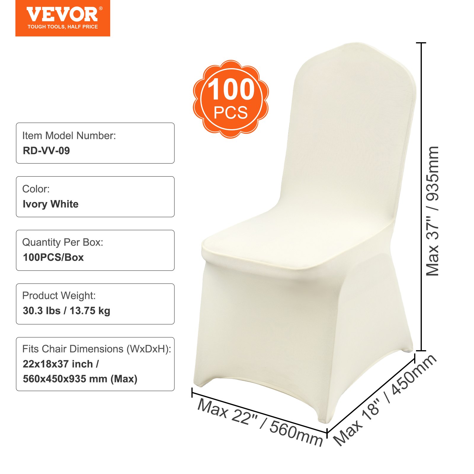 Fundas para sillas VEVOR, juego de 100 piezas en color blanco marfil, se adapta a sillas de hasta 22 x 18 x 37 pulgadas.