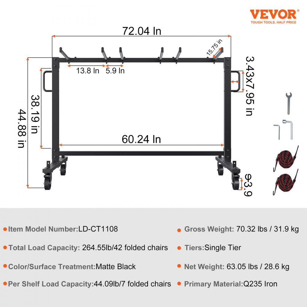Dimensiones y especificaciones del carrito de silla plegable VEVOR en color negro mate, mostrando medidas y componentes.