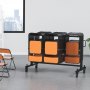 Carrito para sillas plegables VEVOR que contiene sillas plegables de color naranja apiladas en un entorno de oficina moderno.