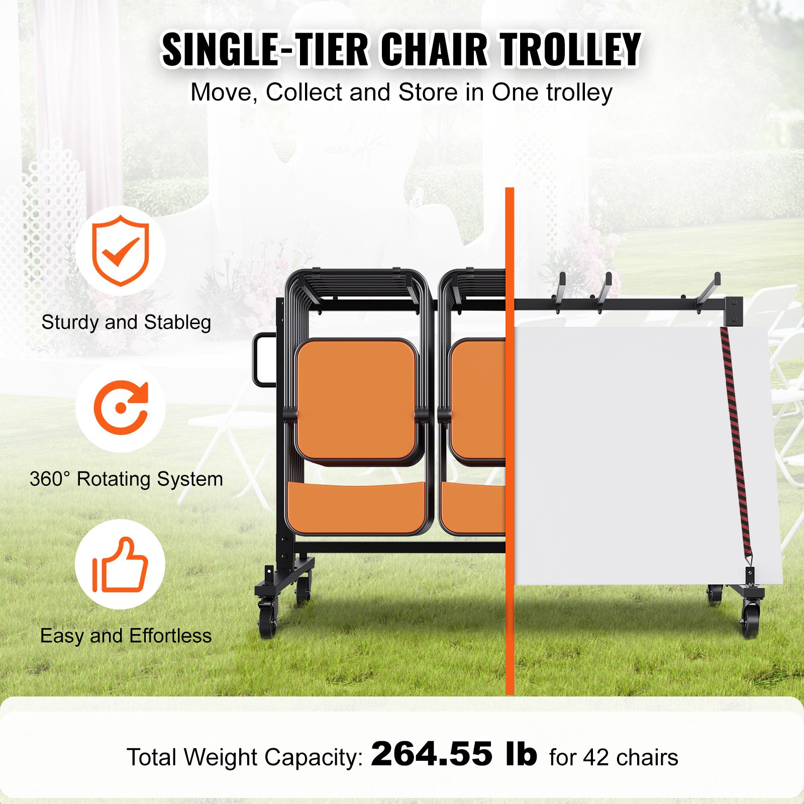 Carrito para silla plegable VEVOR con sistema de rotación de 360°, marco resistente y capacidad de 264,55 lb para 42 sillas.