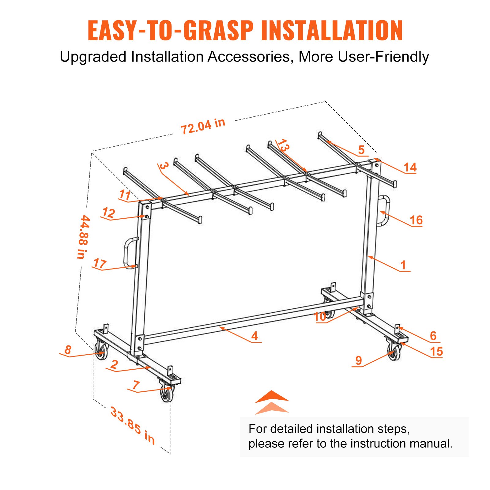 Descripción general de instalación fácil de entender para el carrito de silla plegable VEVOR con dimensiones y piezas etiquetadas.