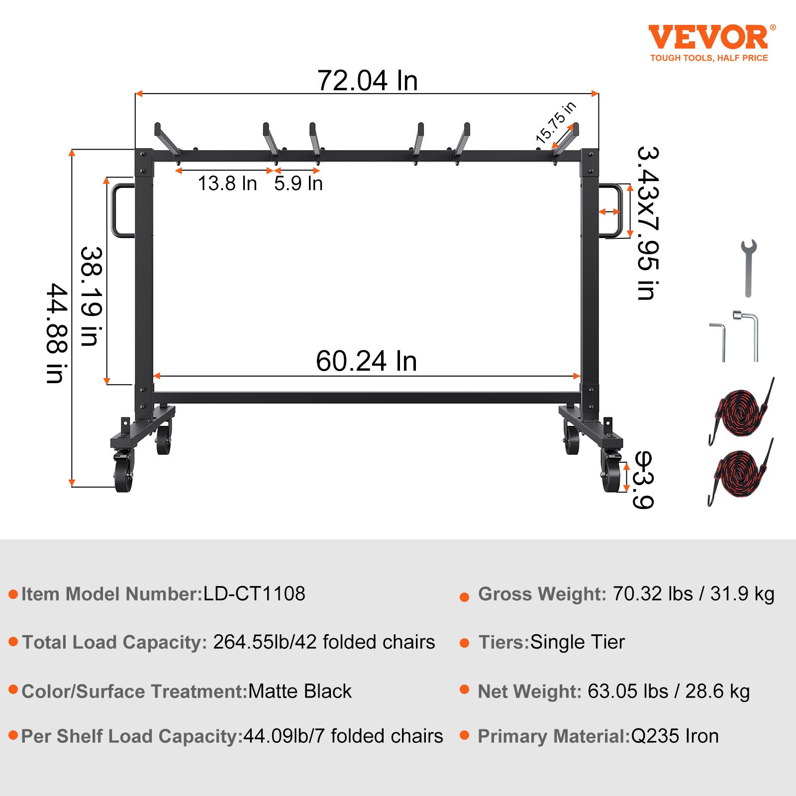 Dimensiones y especificaciones del carrito de silla plegable VEVOR en color negro mate, mostrando medidas y componentes.