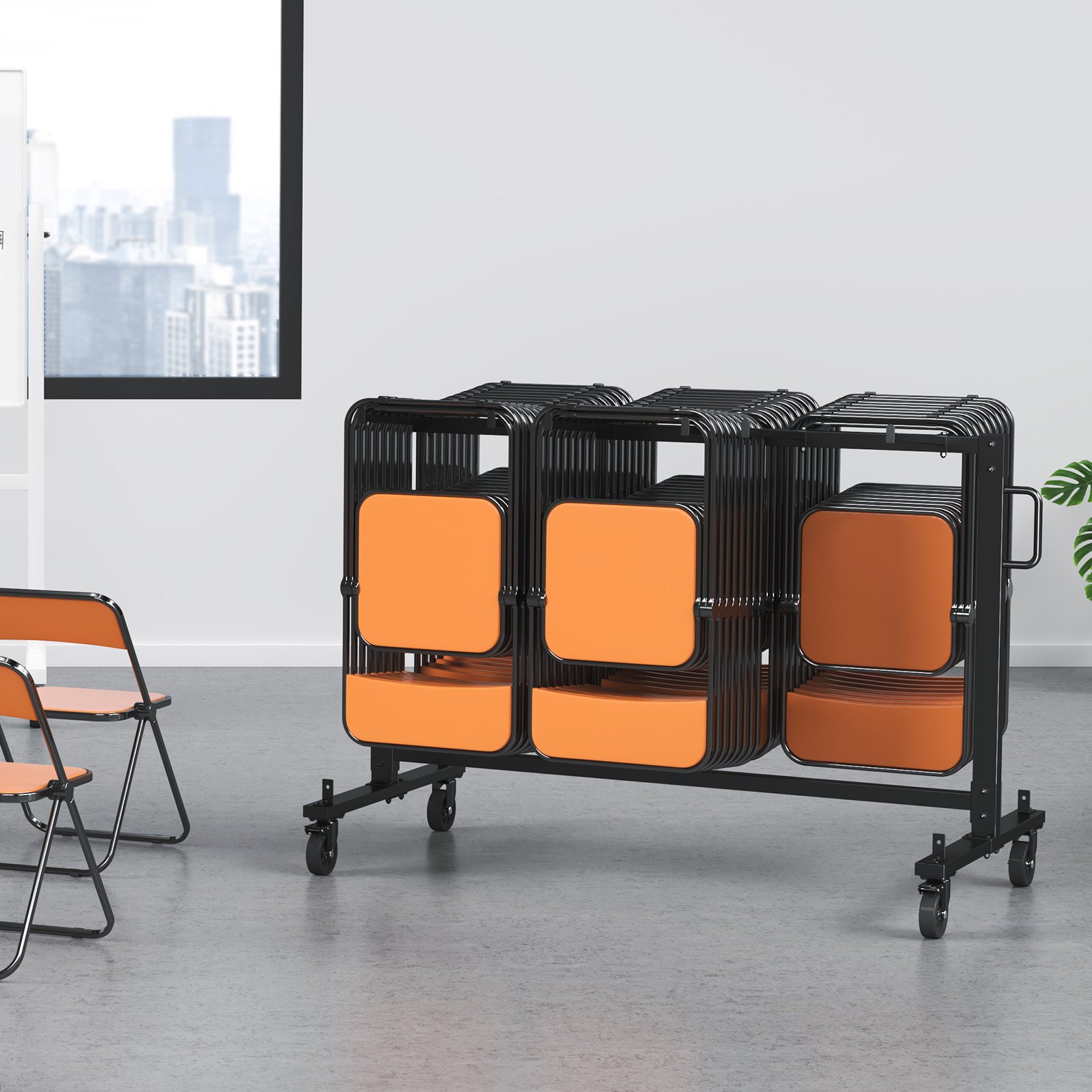 Carrito para sillas plegables VEVOR que contiene sillas plegables de color naranja apiladas en un entorno de oficina moderno.