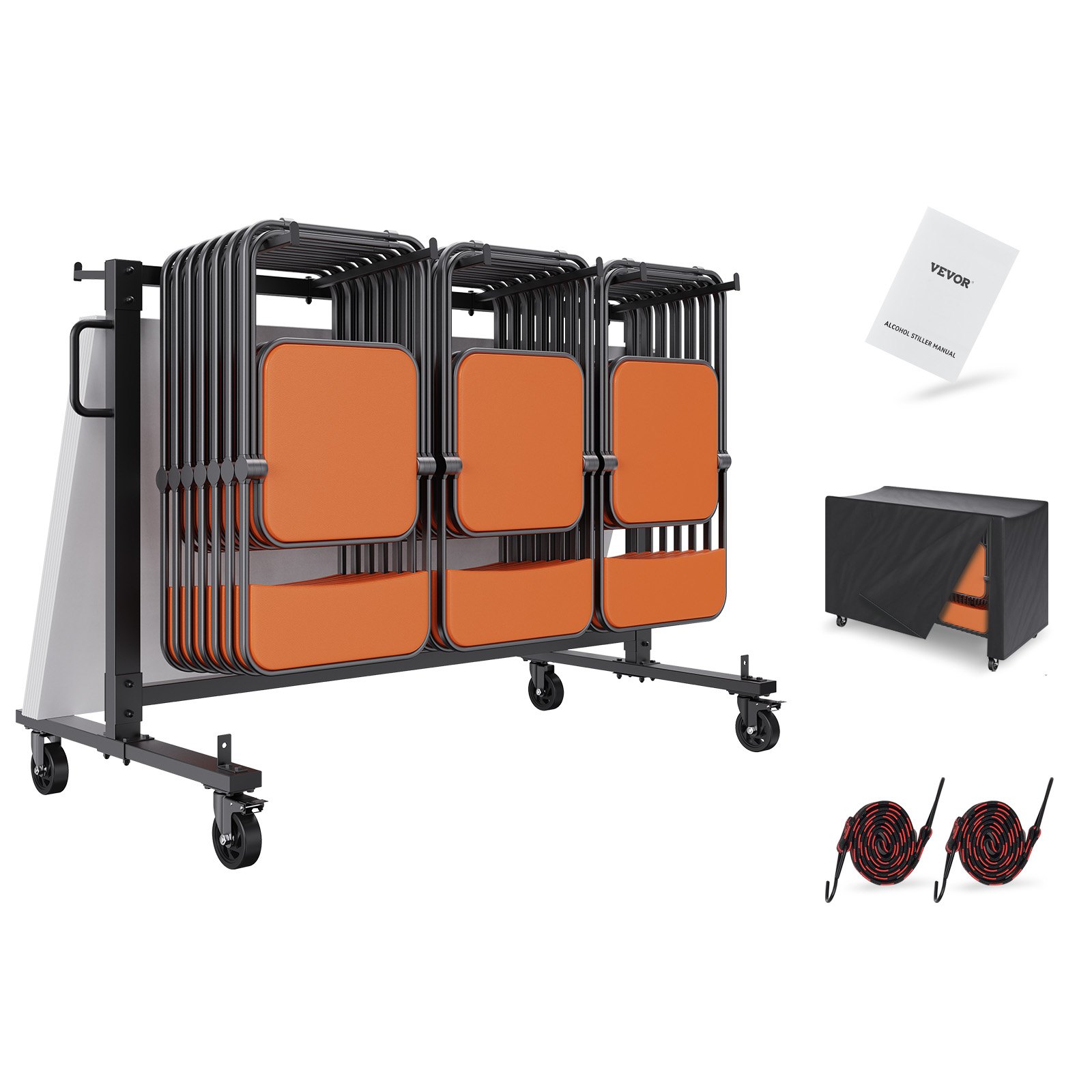 Carrito de silla plegable VEVOR con sillas naranjas, funda negra, manual de montaje y correas.