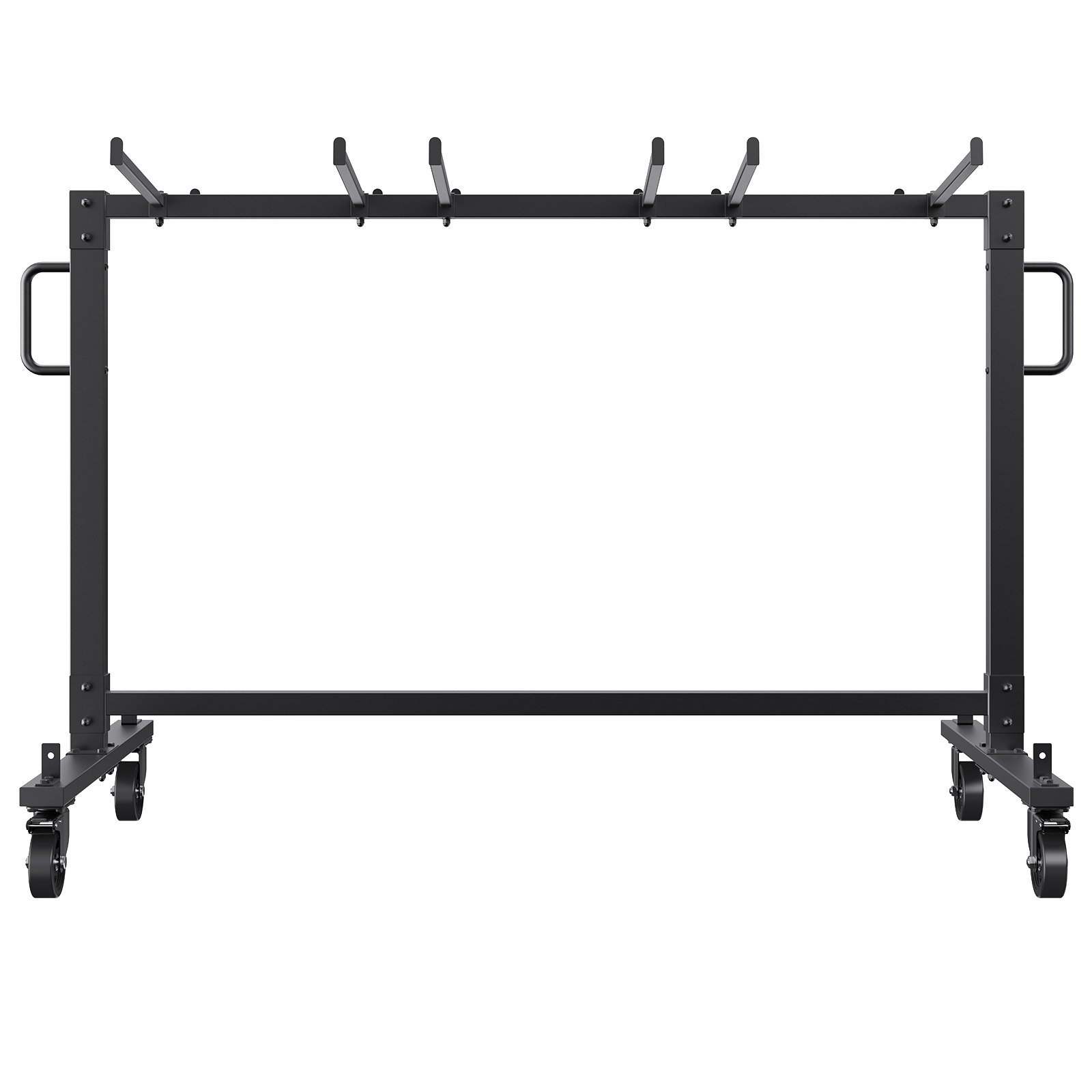 Carrito para silla plegable VEVOR con marco negro resistente y ruedas para fácil movilidad, diseñado para el almacenamiento de sillas.