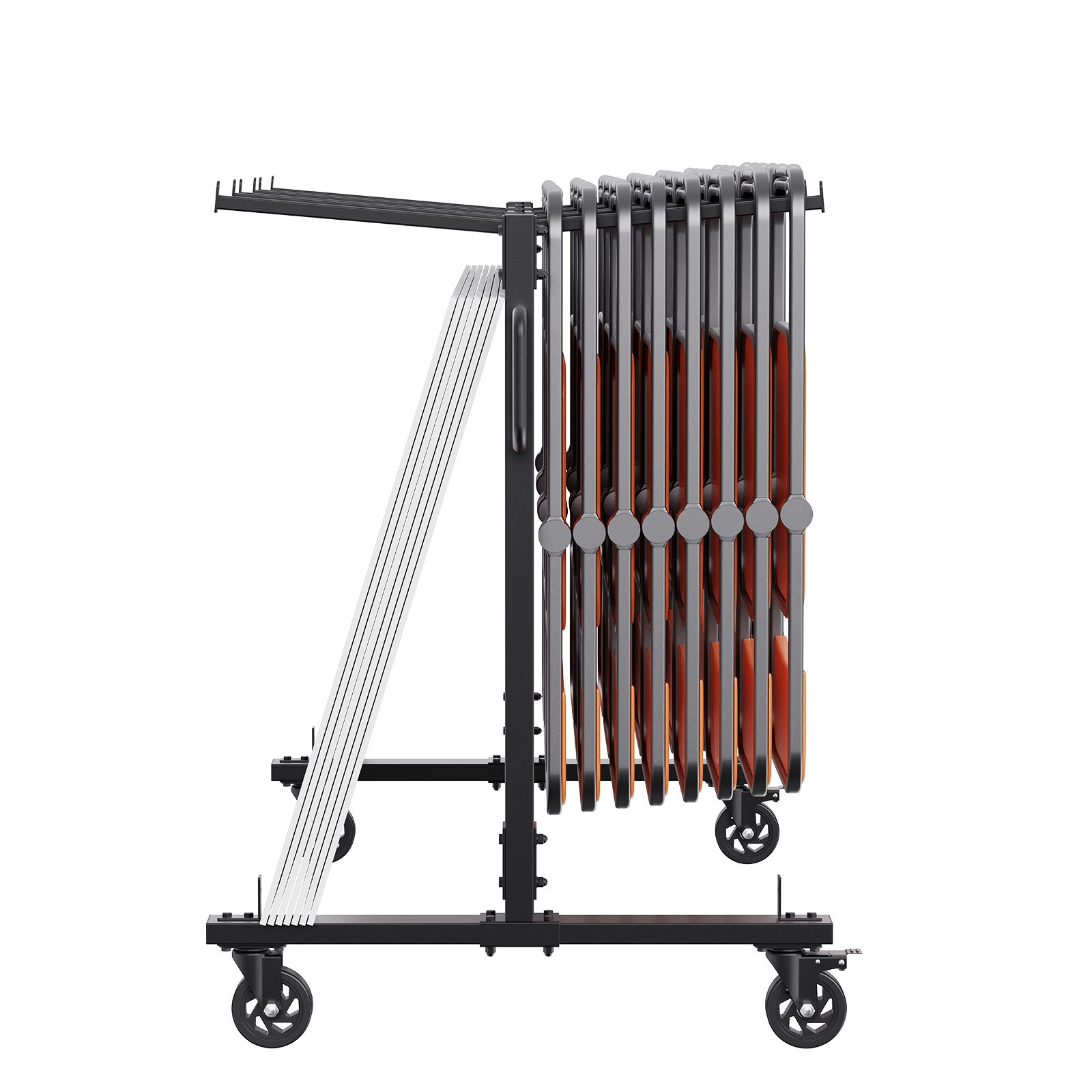 Carrito para silla plegable VEVOR con estructura de metal, ruedas y varias sillas plegables cuidadosamente apiladas.