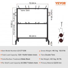 VEVOR Carro plegable para sillas, carrito móvil apilable de doble capa, carrito de almacenamiento con capacidad de 530 libras para almacenar 84 sillas, soporte para sillas de hierro resistente con 4 ruedas, 2 cordones elásticos, cubierta