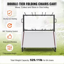 VEVOR Carro plegable para sillas, carrito móvil apilable de doble capa, carrito de almacenamiento con capacidad de 530 libras para almacenar 84 sillas, soporte para sillas de hierro resistente con 4 ruedas, 2 cordones elásticos, cubierta