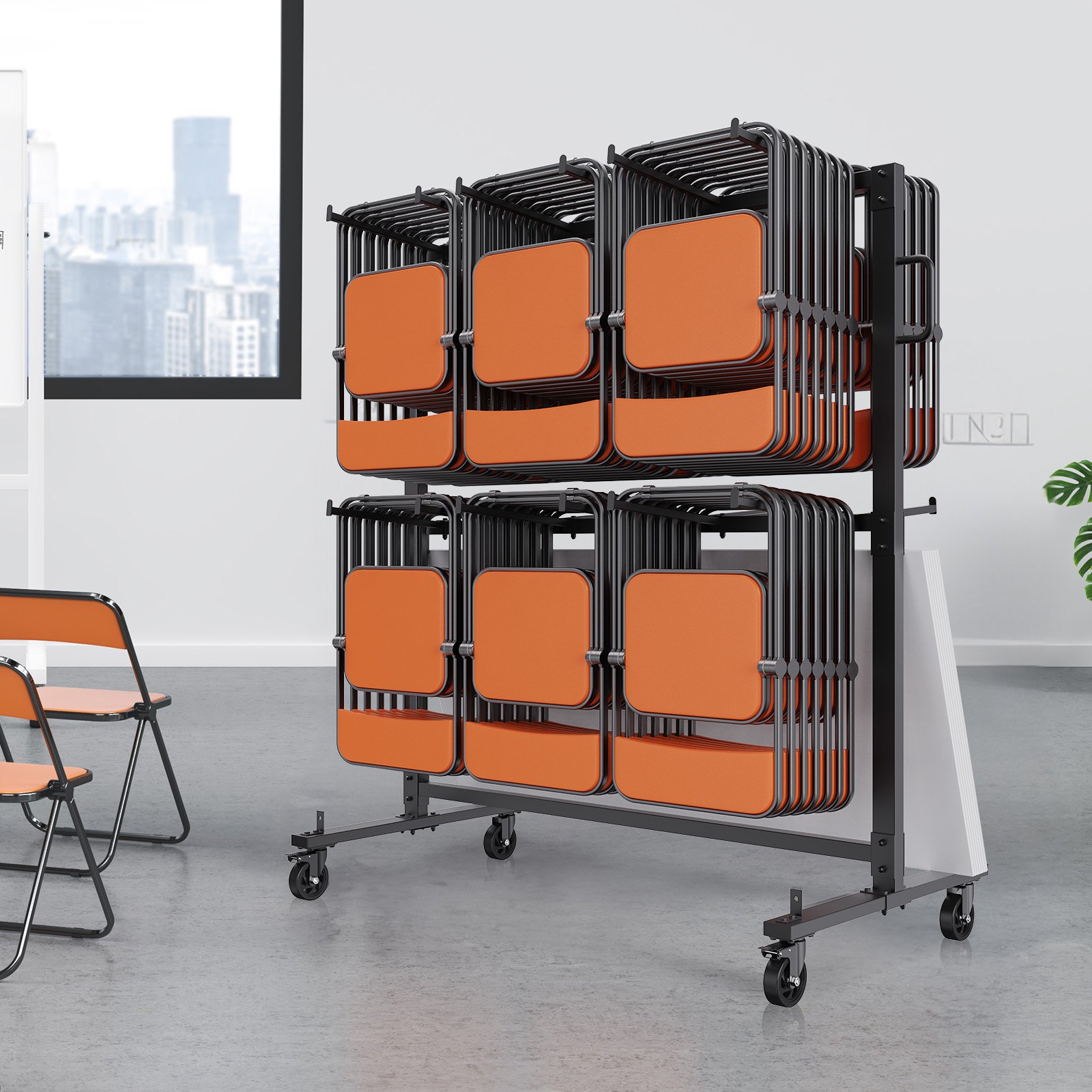 Sillas plegables de color naranja cuidadosamente apiladas en un carrito para sillas plegables VEVOR negro con ruedas, en una habitación moderna.