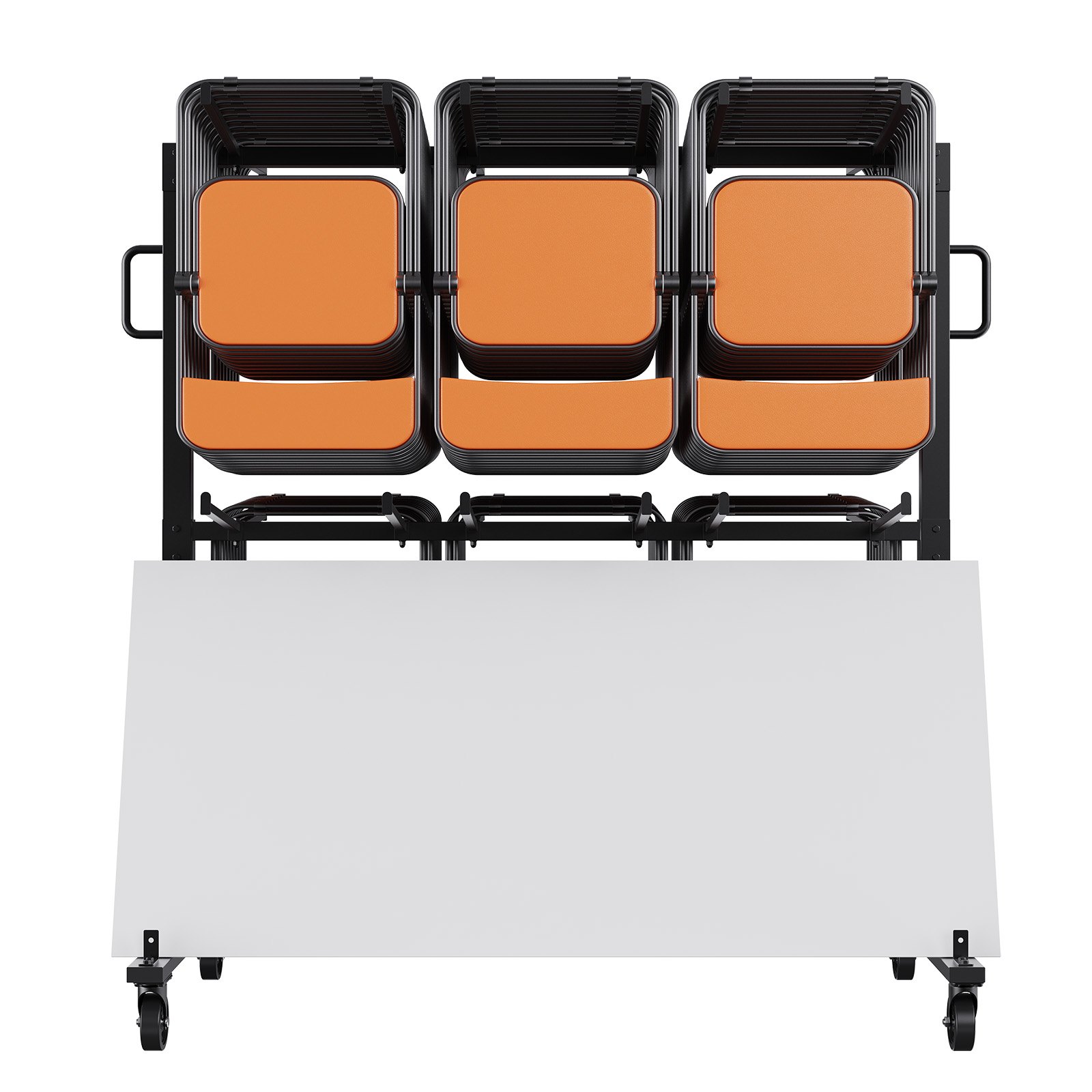 Carrito para sillas plegable VEVOR con sillas naranjas, estructura de metal negro y base blanca sobre ruedas