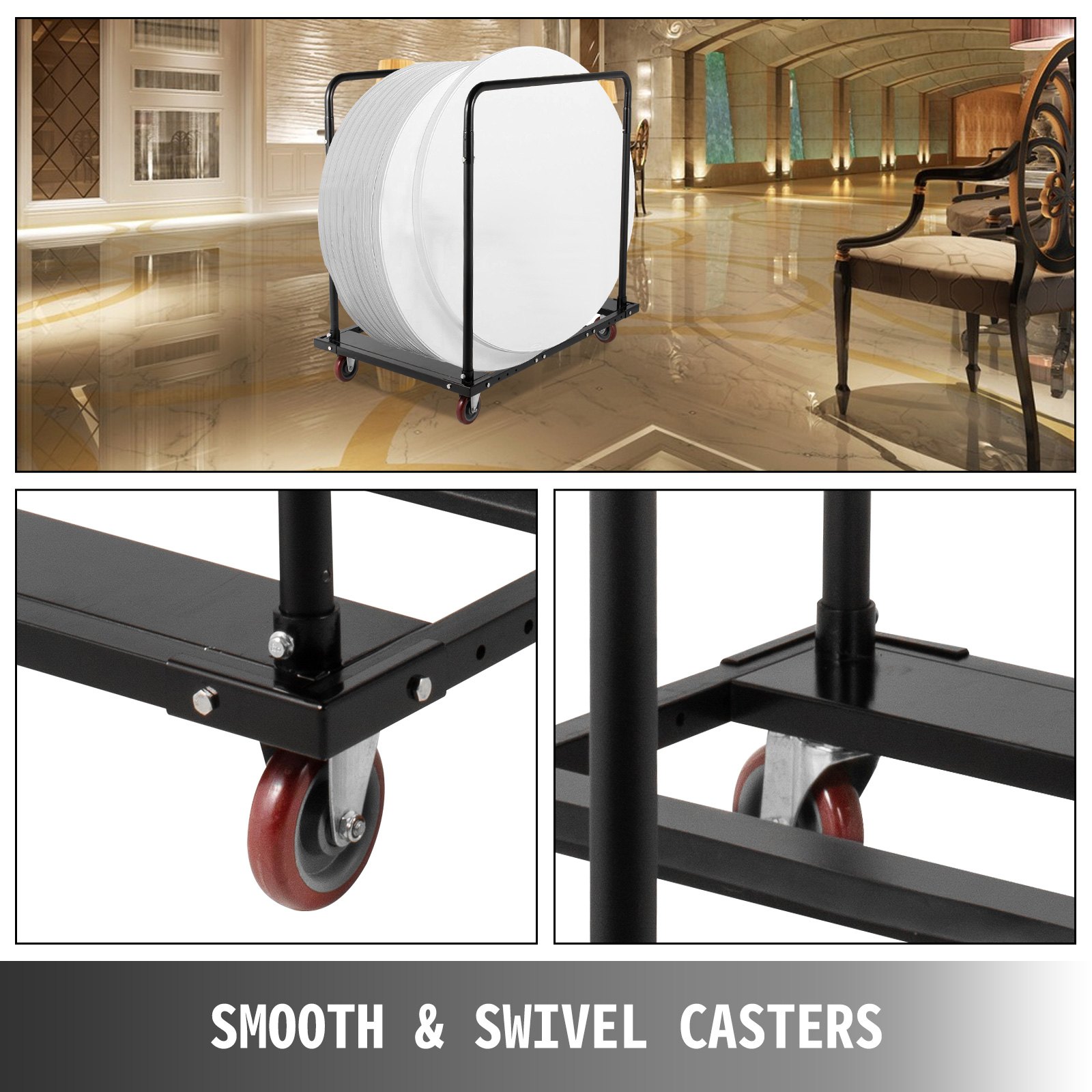 Carro de mesa plegable VEVOR, soporte de mesa negro para mesas redondas de 60 pulgadas, carrito de mesa resistente, carrito de escritorio negro, marco de acero, ruedas giratorias, muebles de hotel para eventos de fiesta, capacidad de 10 mesas